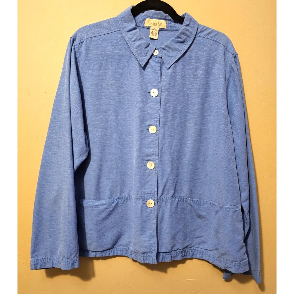 Linden Hill Button Up Top Womens XL Blue 100% Silk lagan look cardigan